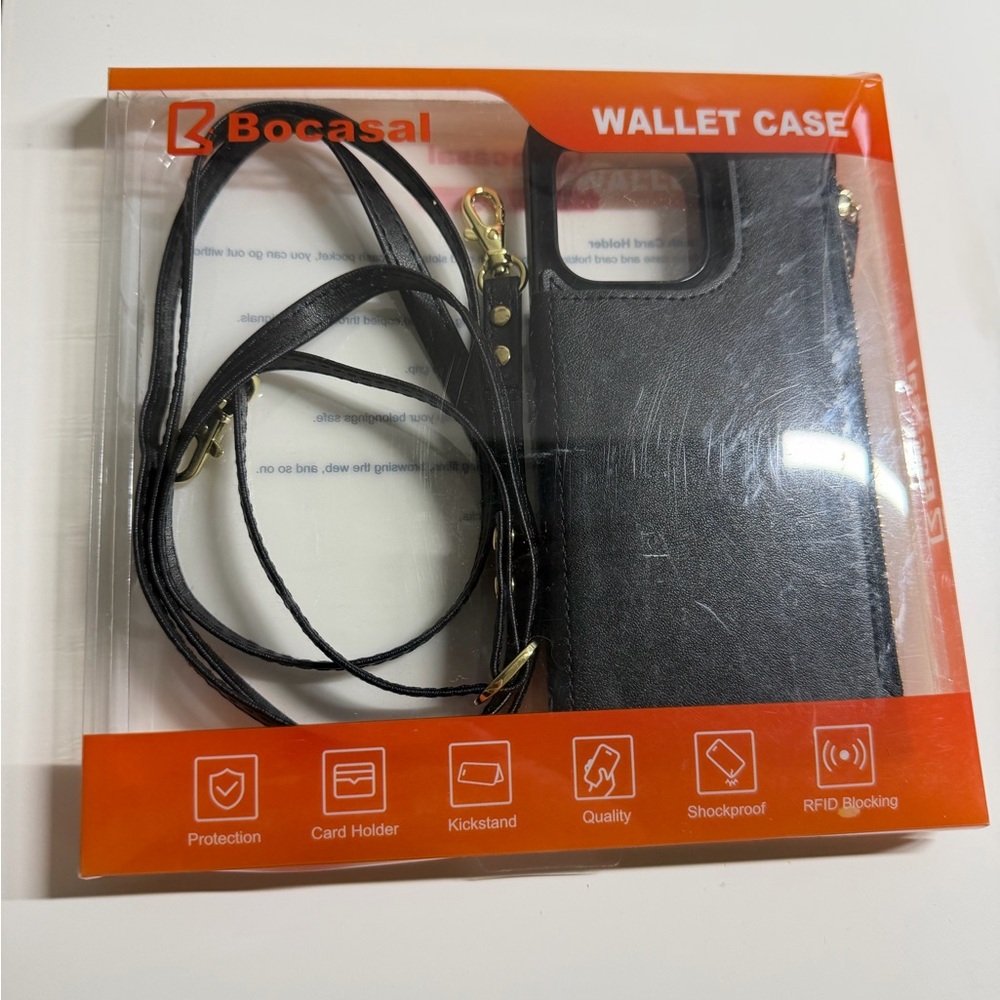 Black Wallet Phone Case with Detachable Strap & Kickstand